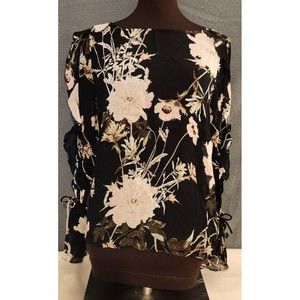 Lucky Brand‎ Long Drawstring Bell Sleeve Ruffle Trim Floral Blouse, Black Pink M